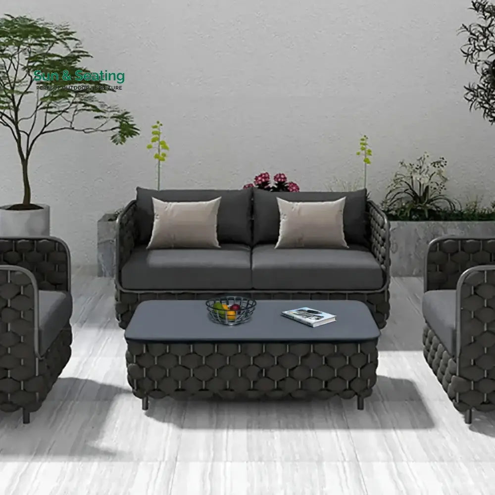 Camila 4 Piece Outdoor Rope Sofa Set with Glass Top Coffee Table (Black) Sofa Set