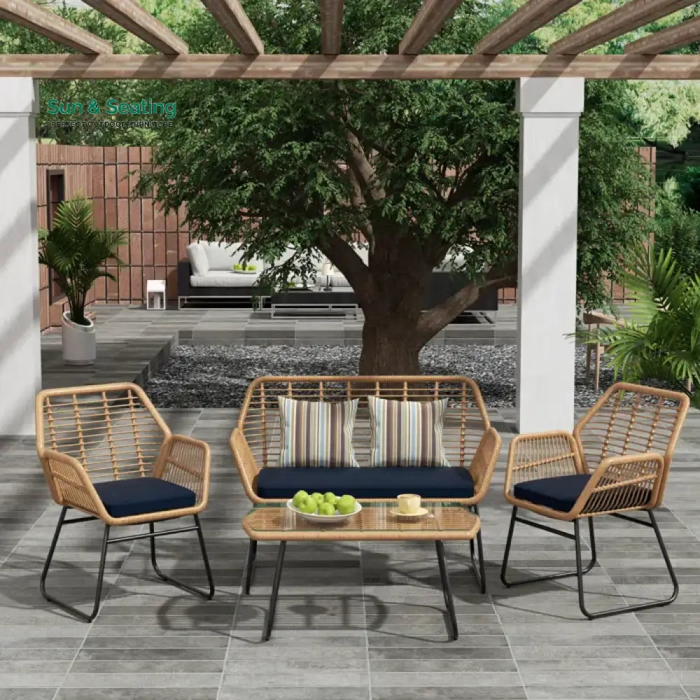 Cara Outdoor Sofa Set 2 Seater 2 Single seater and 1 Center Table (Honey) Blue Sofa Sets