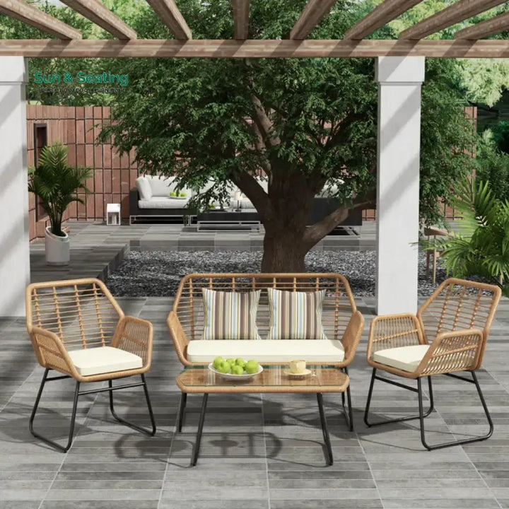 Cara Outdoor Sofa Set 2 Seater 2 Single seater and 1 Center Table (Honey) White Sofa Sets