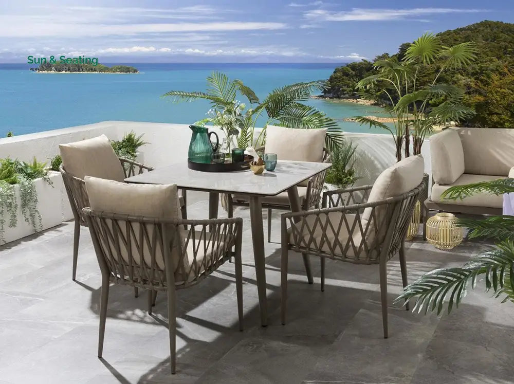 Carlos Outdoor Garden Patio Dining Set 4 Chairs and 1 Table Set Braided &amp; Rope Beige Coffee Table Sets
