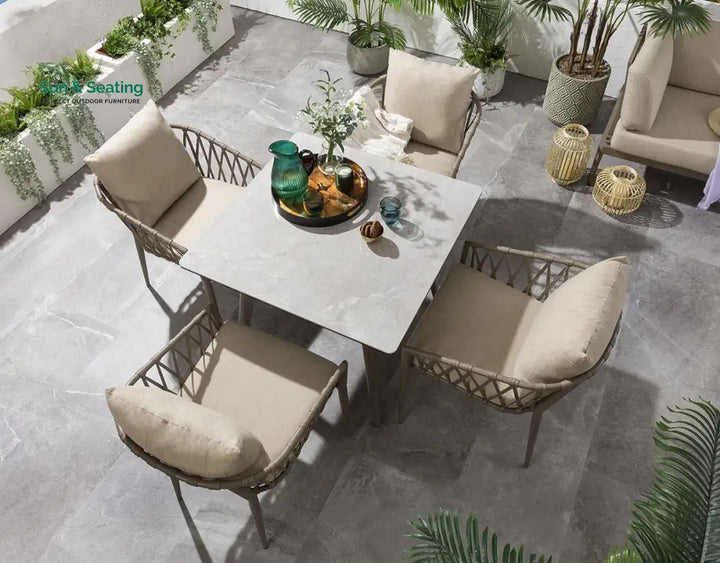 Carlos Outdoor Garden Patio Dining Set 4 Chairs and 1 Table Set Braided &amp; Rope Coffee Table Sets