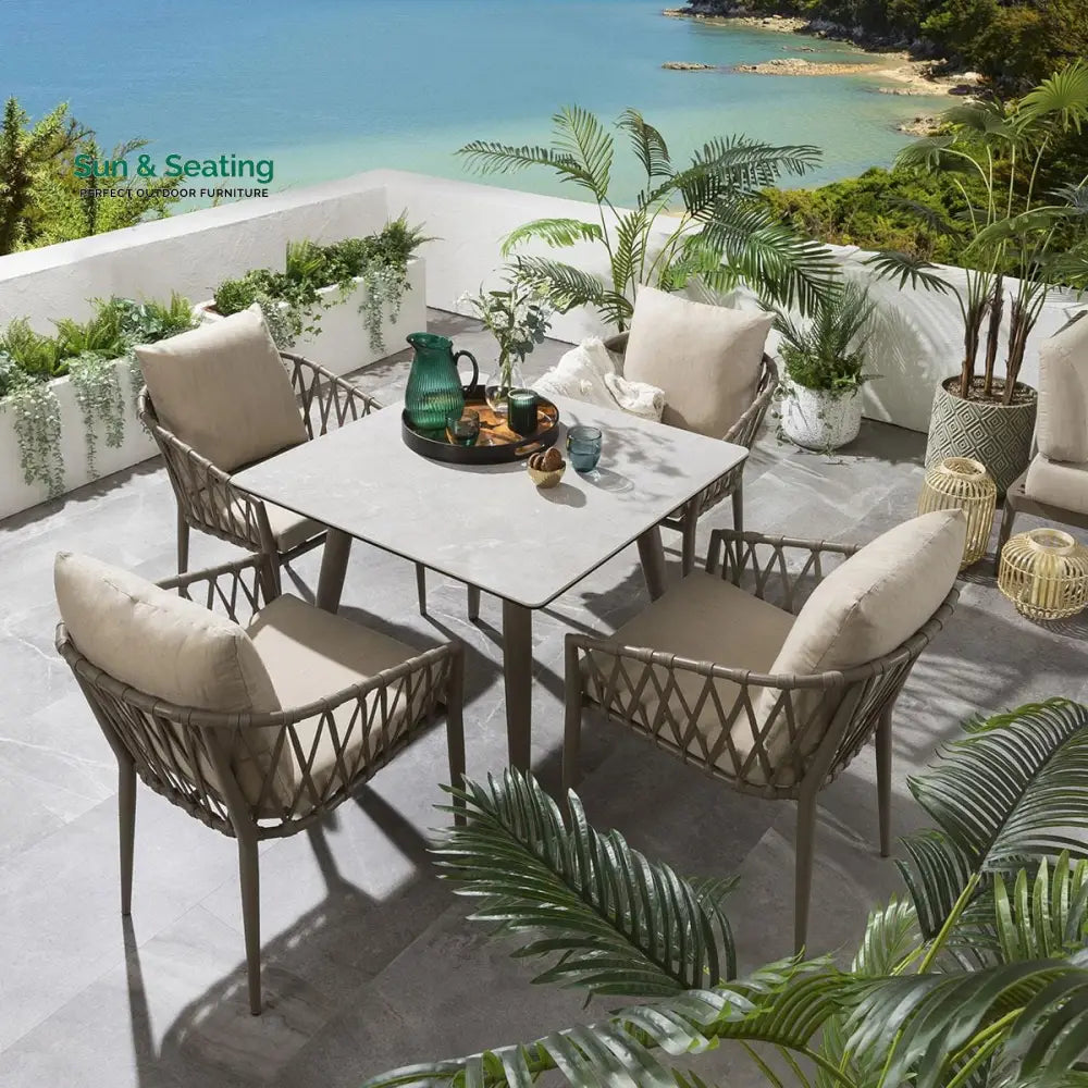 Carlos Outdoor Garden Patio Dining Set 4 Chairs and 1 Table Set Braided & Rope Coffee Table Sets
