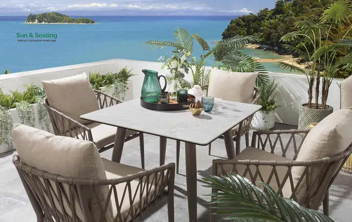Carlos Outdoor Garden Patio Dining Set 4 Chairs and 1 Table Set Braided &amp; Rope Coffee Table Sets