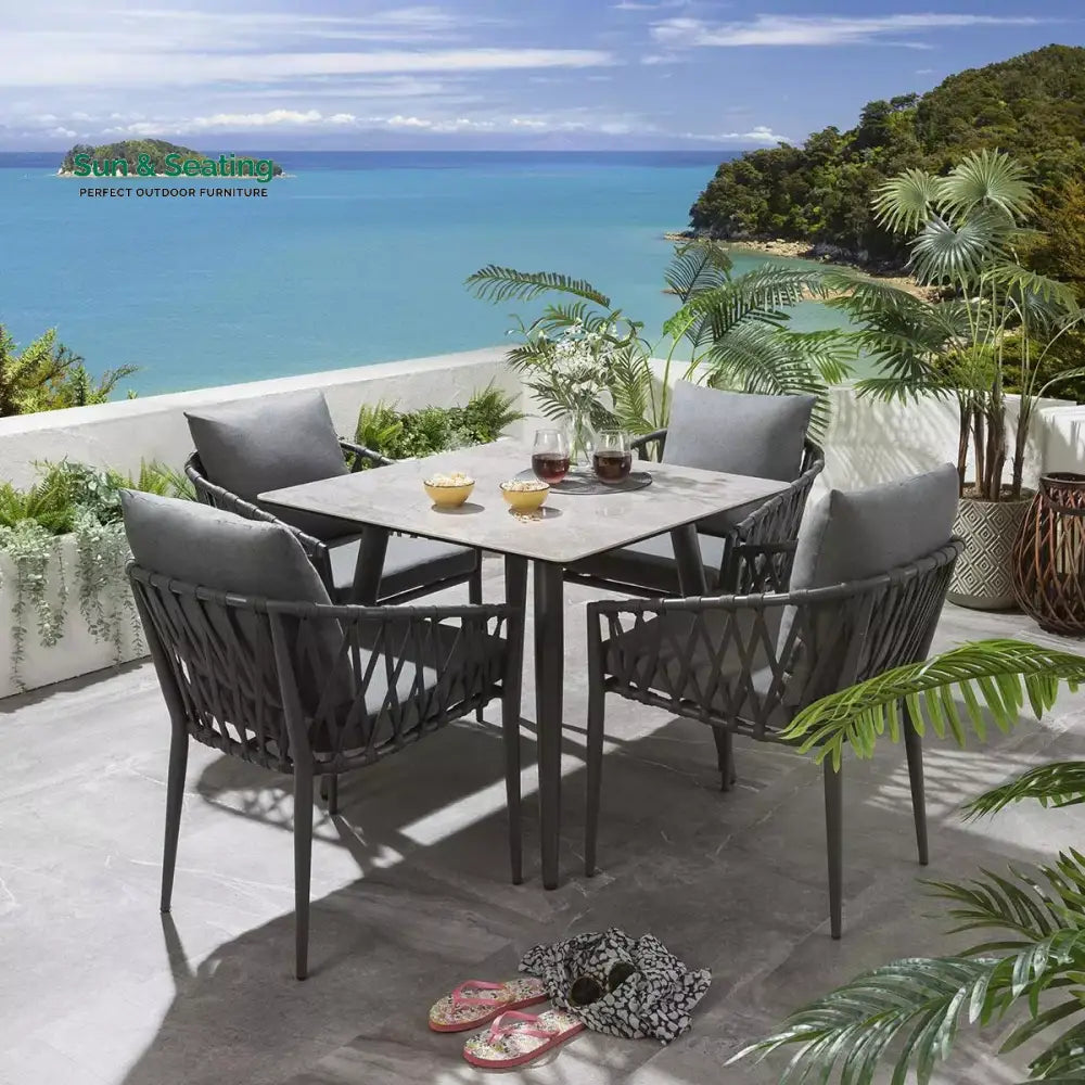 Carlos Outdoor Garden Patio Dining Set 4 Chairs and 1 Table Set Braided &amp; Rope Grey Coffee Table Sets