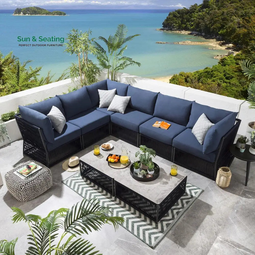 Carreon Outdoor Sofa Set 6 Seater and 2 Center Table Set (Blue) Braided &amp; Rope Sofa Sets