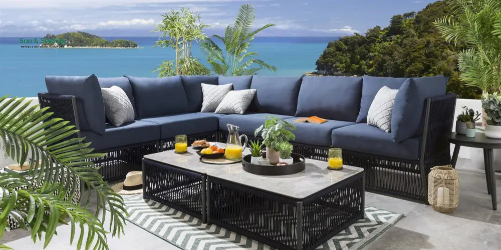 Carreon Outdoor Sofa Set 6 Seater and 2 Center Table Set (Blue) Braided & Rope Sofa Sets