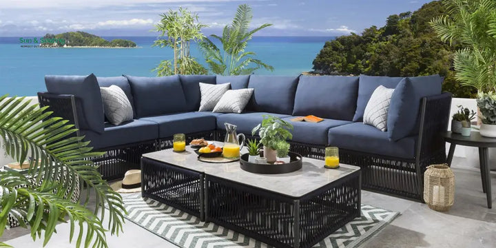 Carreon Outdoor Sofa Set 6 Seater and 2 Center Table Set (Blue) Braided &amp; Rope Sofa Sets