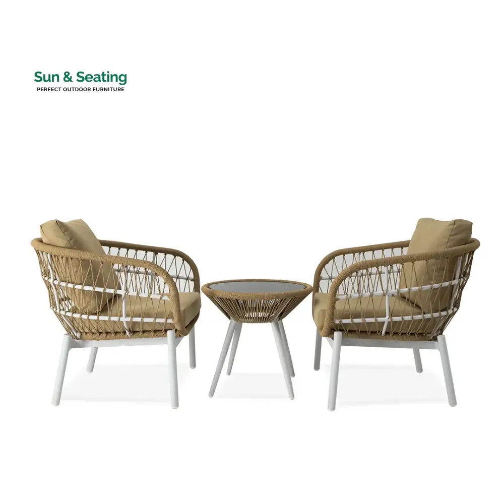 Casias Outdoor Patio Seating Set 2 Chairs and 1 Table Set (Beige) Braided And Rope Coffee Table Sets