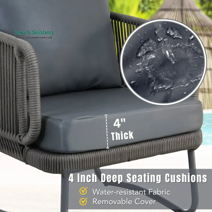 Castolo Outdoor Garden Balcony Sofa Set 3 Seater 2 Single Seater 1 Ottoman and 1 Center Table Set Braid &amp; Rope (Grey)
