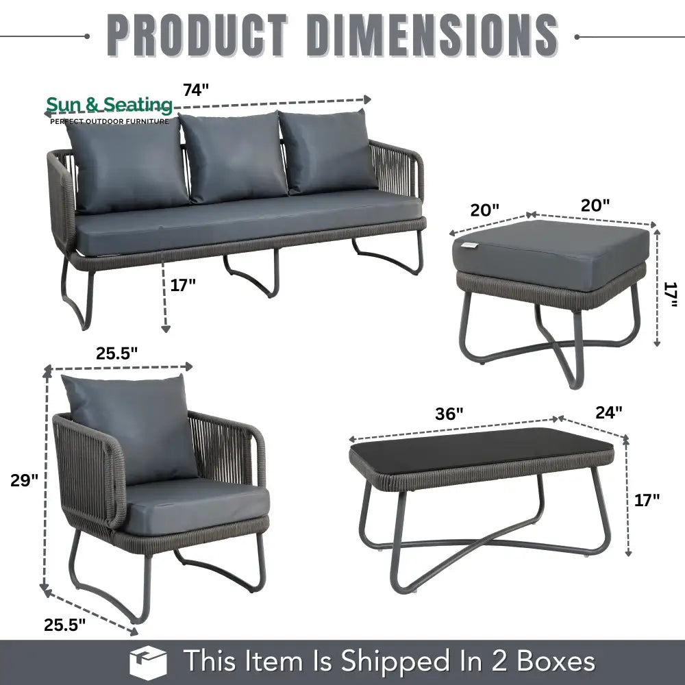 Castolo Outdoor Garden Balcony Sofa Set 3 Seater 2 Single Seater 1 Ottoman and 1 Center Table Set Braid &amp; Rope (Grey)