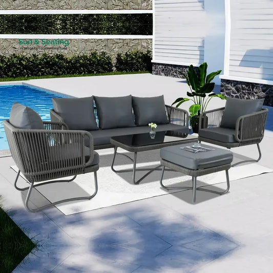 Castolo Outdoor Garden Balcony Sofa Set 3 Seater 2 Single Seater 1 Ottoman and 1 Center Table Set Braid & Rope (Grey)