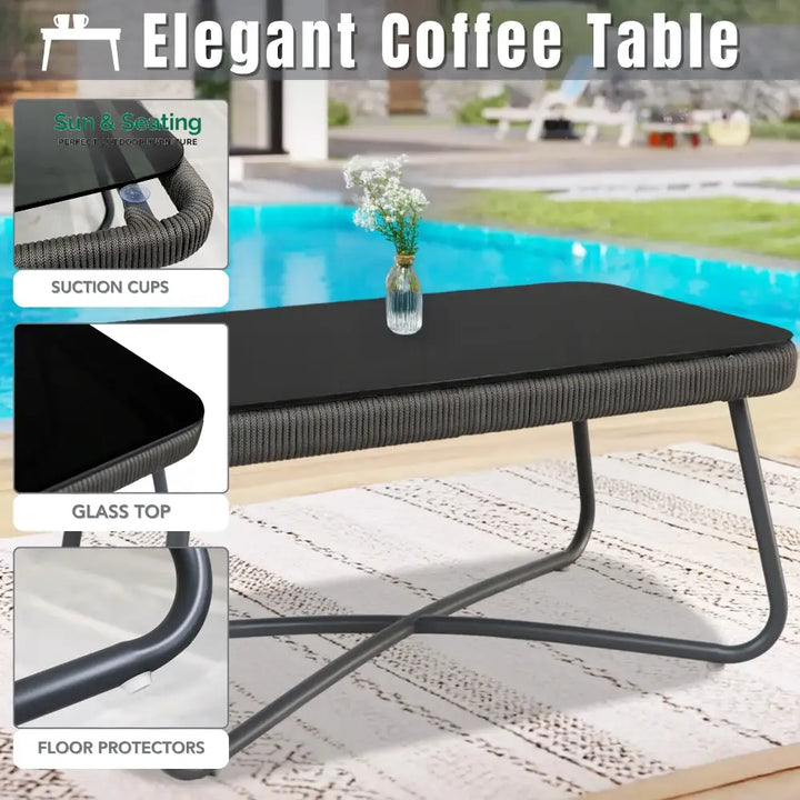 Castolo Outdoor Garden Balcony Sofa Set 3 Seater 2 Single Seater 1 Ottoman and 1 Center Table Set Braid &amp; Rope (Grey)
