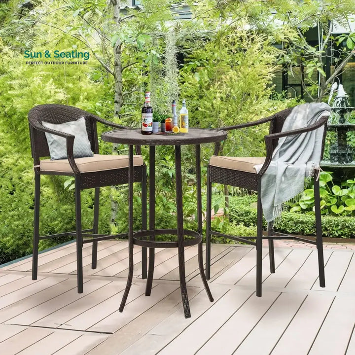 Celestina Outdoor Rattan Wicker Bar Set with Round Table Bar Set
