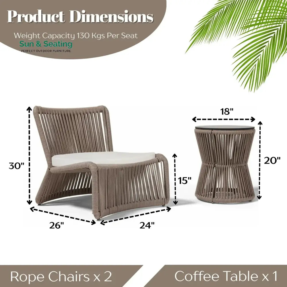 Cestino Outdoor Patio Seating Set 2 Chairs and 1 Table Set (Beige) Braided &amp; Rope Coffee Table Sets