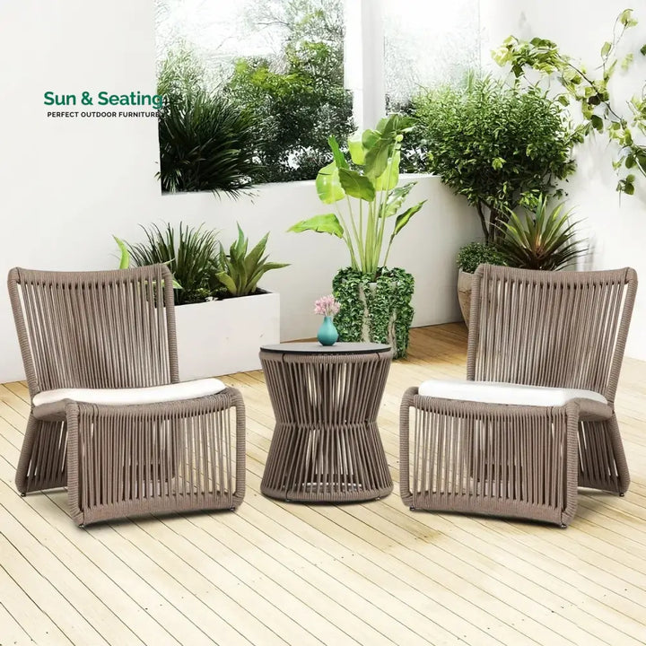 Cestino Outdoor Patio Seating Set 2 Chairs and 1 Table Set (Beige) Braided &amp; Rope Coffee Table Sets