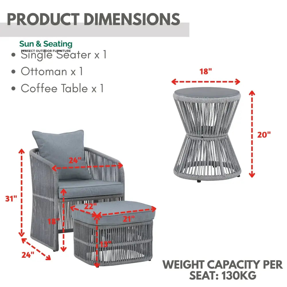 Chhaya Outdoor 3 Piece Rope Patio Sofa Set (Grey) Patio Sofa Set