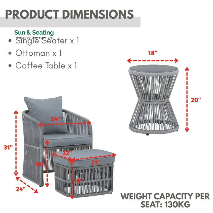 Chhaya Outdoor 3 Piece Rope Patio Sofa Set (Grey) Patio Sofa Set
