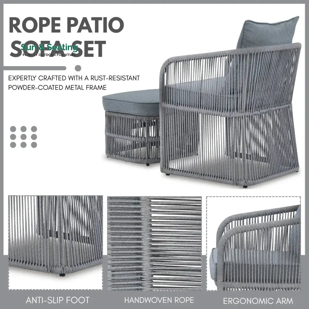 Chhaya Outdoor 3 Piece Rope Patio Sofa Set (Grey) Patio Sofa Set