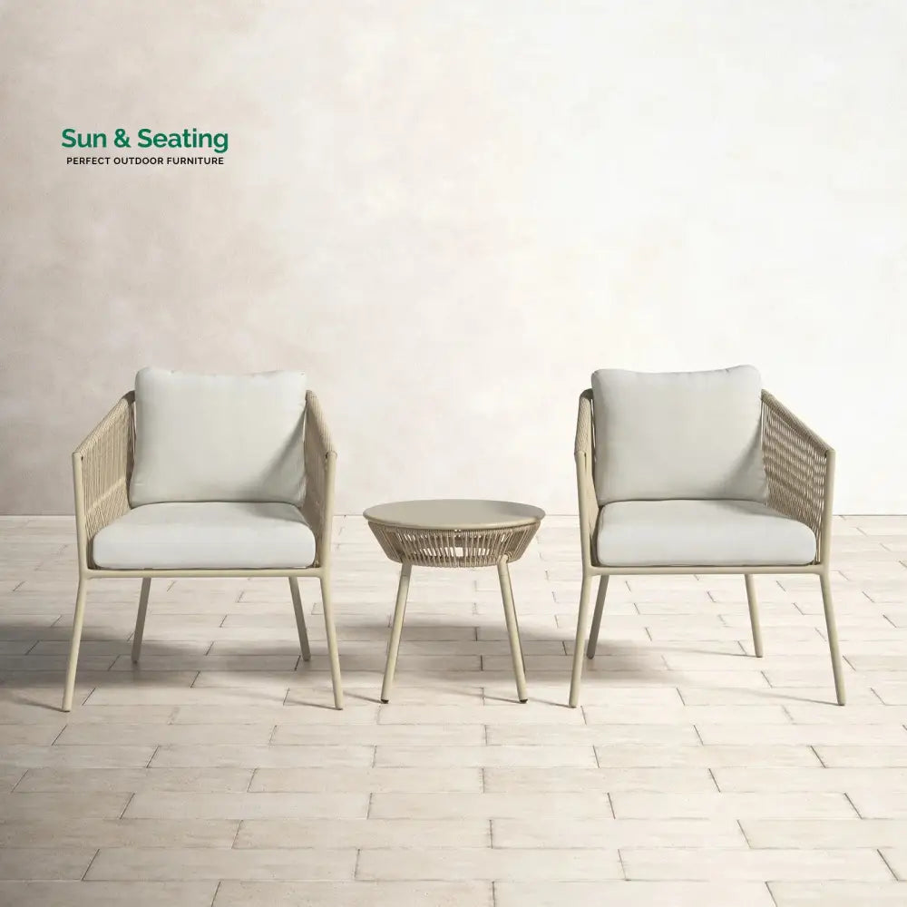 Chimp Outdoor Patio Seating Set 2 Chairs and 1 Table Set (Cream) Braided &amp; Rope Coffee Table Sets