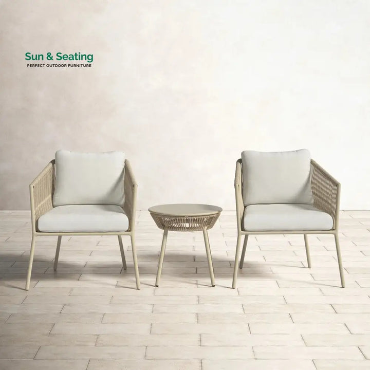 Chimp Outdoor Patio Seating Set 2 Chairs and 1 Table Set (Cream) Braided &amp; Rope Coffee Table Sets