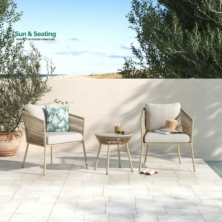 Chimp Outdoor Patio Seating Set 2 Chairs and 1 Table Set (Cream) Braided &amp; Rope Coffee Table Sets