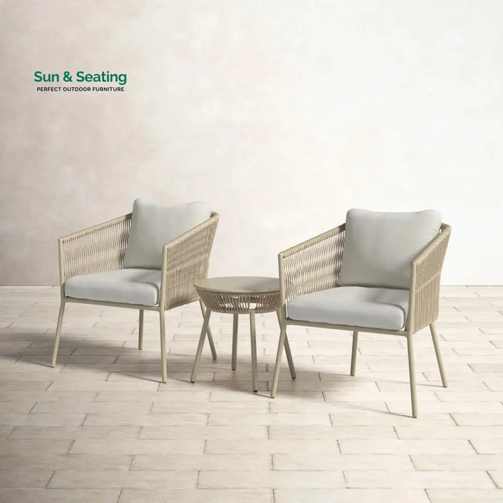 Chimp Outdoor Patio Seating Set 2 Chairs and 1 Table Set (Cream) Braided &amp; Rope Coffee Table Sets