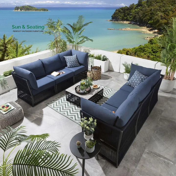 Chiquita Outdoor Sofa Set 6 Seater and 1 Center Table Set (Blue) Braided &amp; Rope Sofa Sets