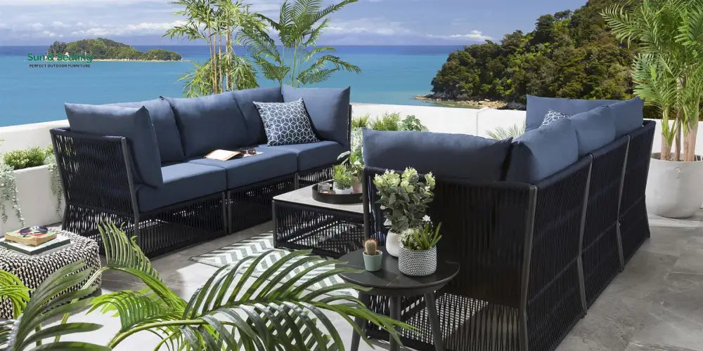 Chiquita Outdoor Sofa Set 6 Seater and 1 Center Table Set (Blue) Braided &amp; Rope Sofa Sets