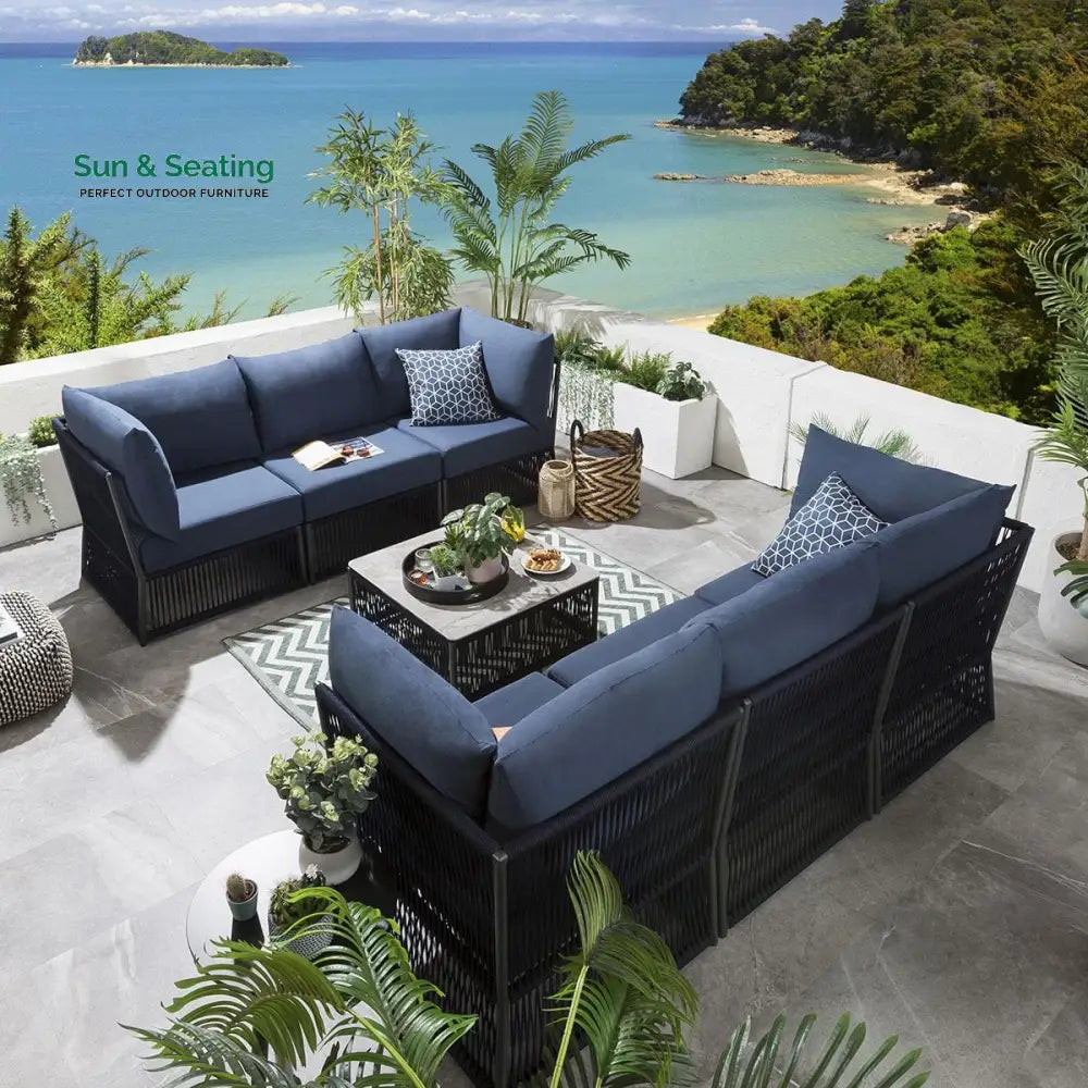 Chiquita Outdoor Sofa Set 6 Seater and 1 Center Table Set (Blue) Braided &amp; Rope Sofa Sets