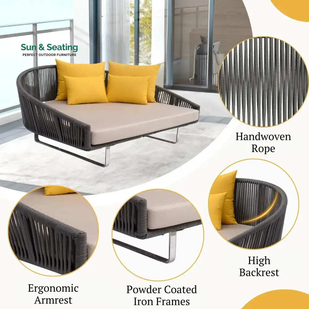 Clarisse Outdoor Grey Rope Patio Daybed with Comfortable Cream Cushion Daybed