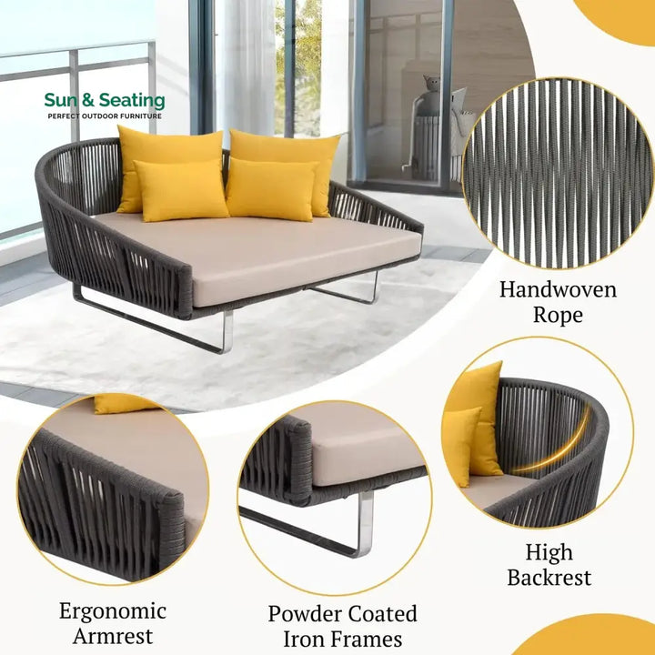 Clarisse Outdoor Grey Rope Patio Daybed with Comfortable Cream Cushion Daybed
