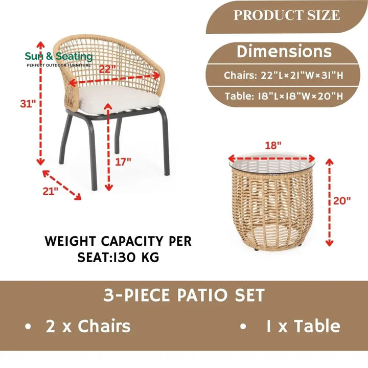 Clementine 3 Piece Garden Outdoor Rope Patio Set Patio Set