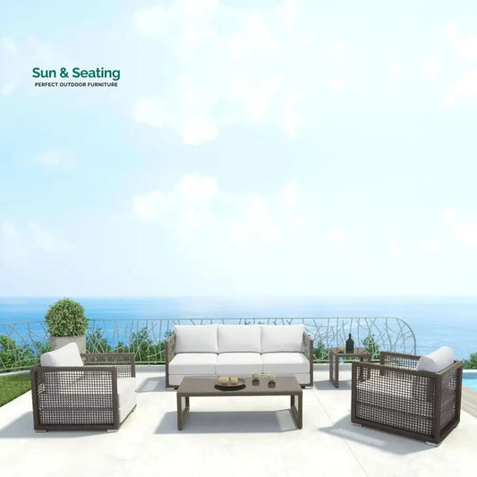 Coco Outdoor Sofa Set 3 Seater 2 Single seater and 1 Center Table (White+ Brown) Sofa Sets