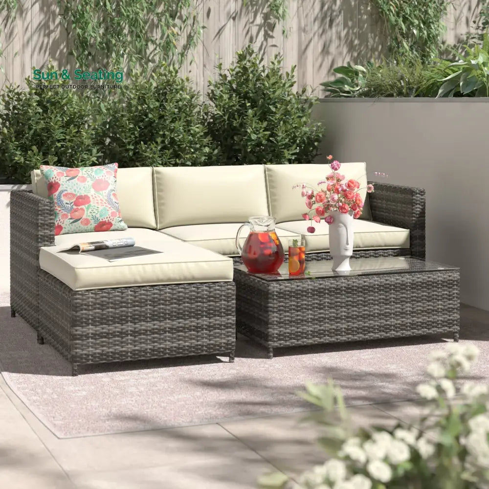 Colombo Outdoor Patio Sofa Set 3 single Seater 1 ottoman and 1 Center Table Set (Grey + Beige) Sofa Sets