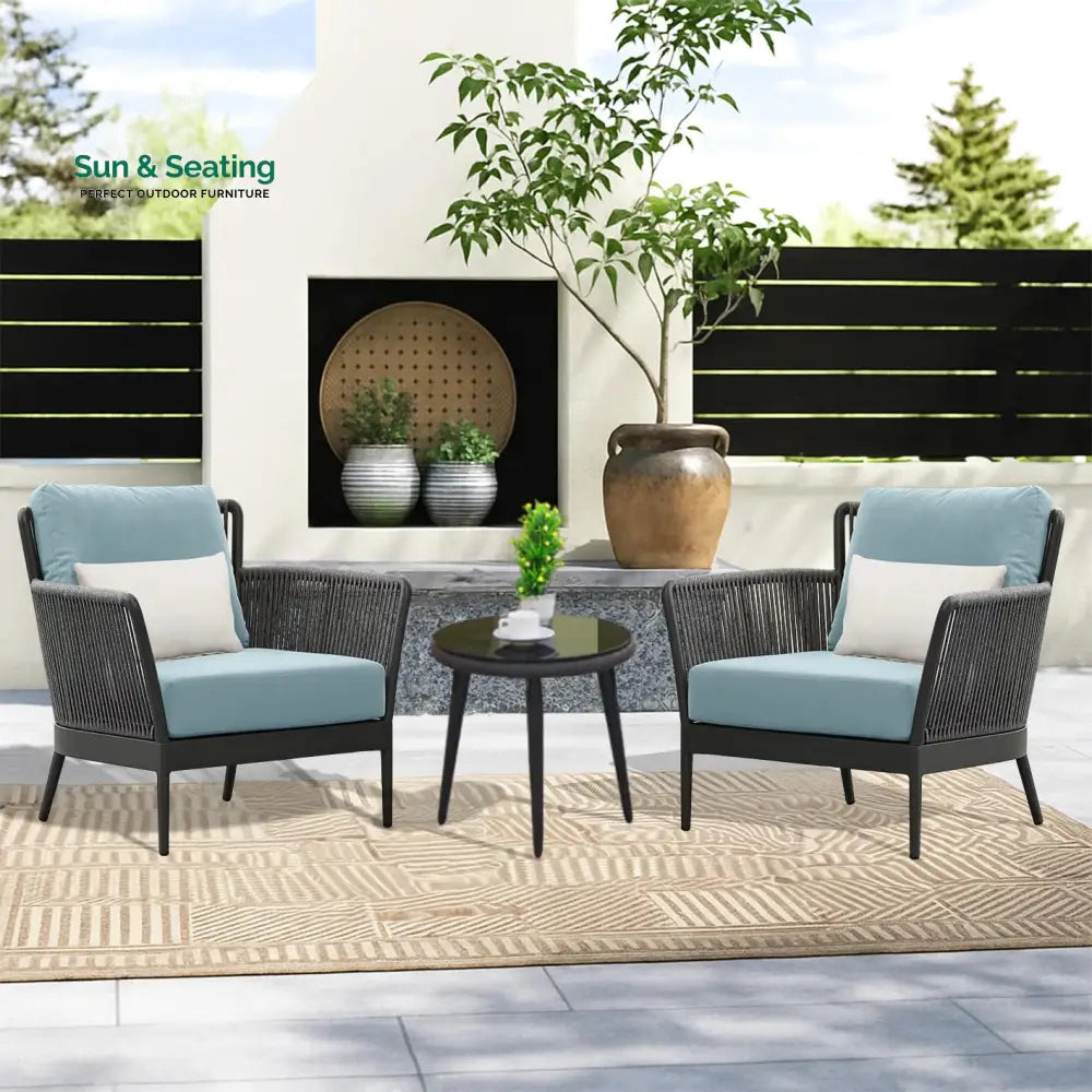 Conti Outdoor Patio Seating Set 2 Chairs and 1 Table Set (Grey) Braided & Rope Coffee Table Sets