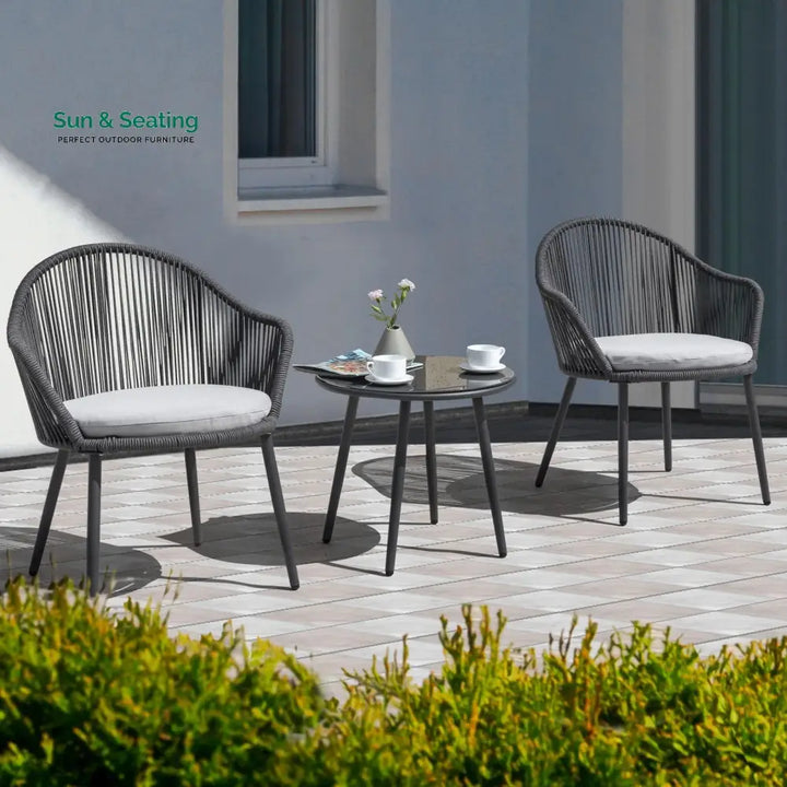 Conti Outdoor Patio Seating Set 2 Chairs and 1 Table Set (Grey) Braided &amp; Rope Coffee Table Sets