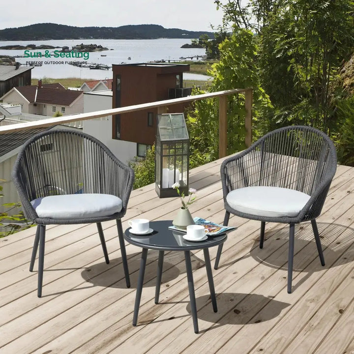 Conti Outdoor Patio Seating Set 2 Chairs and 1 Table Set (Grey) Braided &amp; Rope Coffee Table Sets