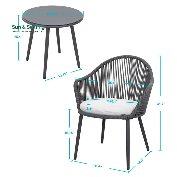 Conti Outdoor Patio Seating Set 2 Chairs and 1 Table Set (Grey) Braided &amp; Rope Coffee Table Sets