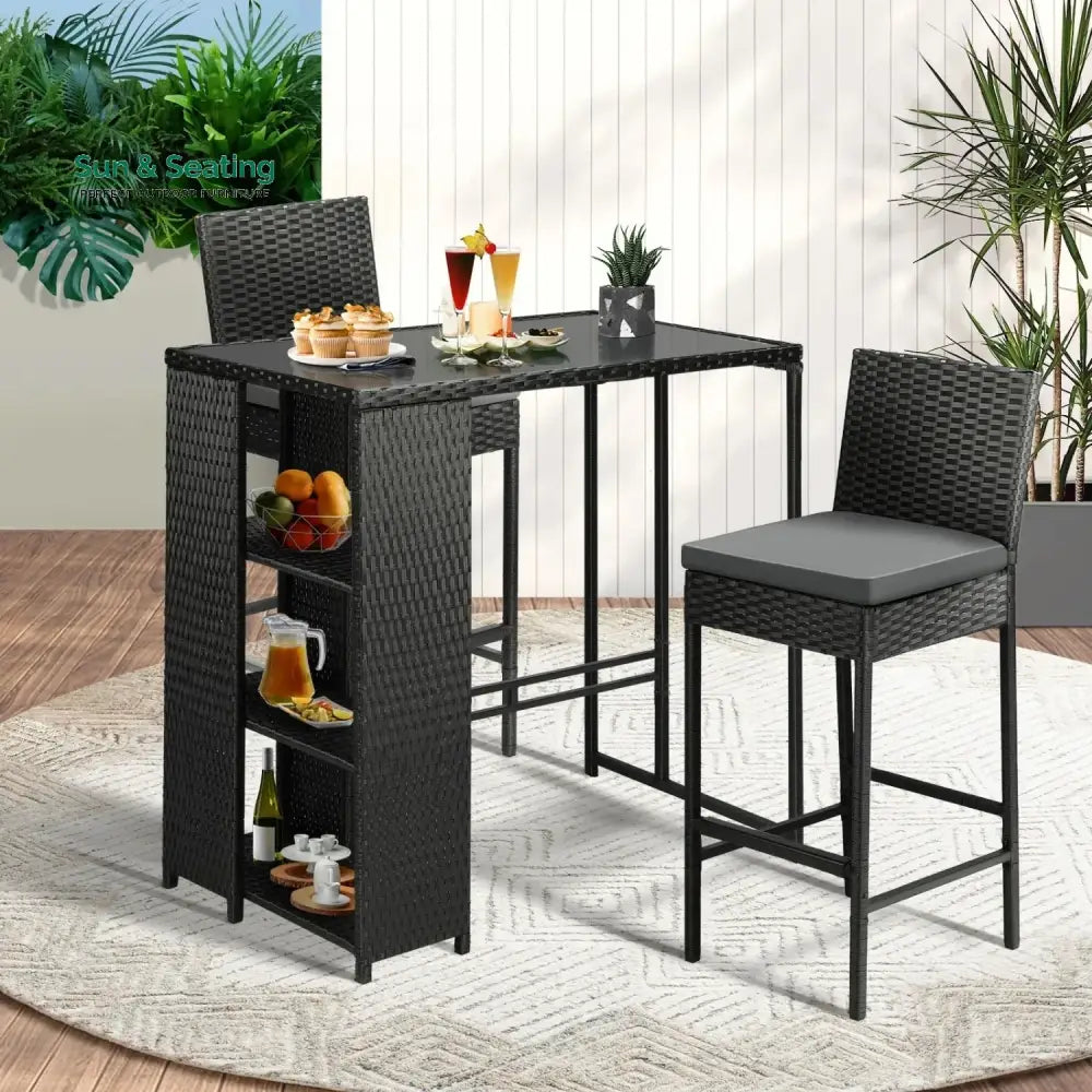 Coraline 3-Piece Outdoor Rattan Wicker Bar Set with Glass Top Table Bar Set