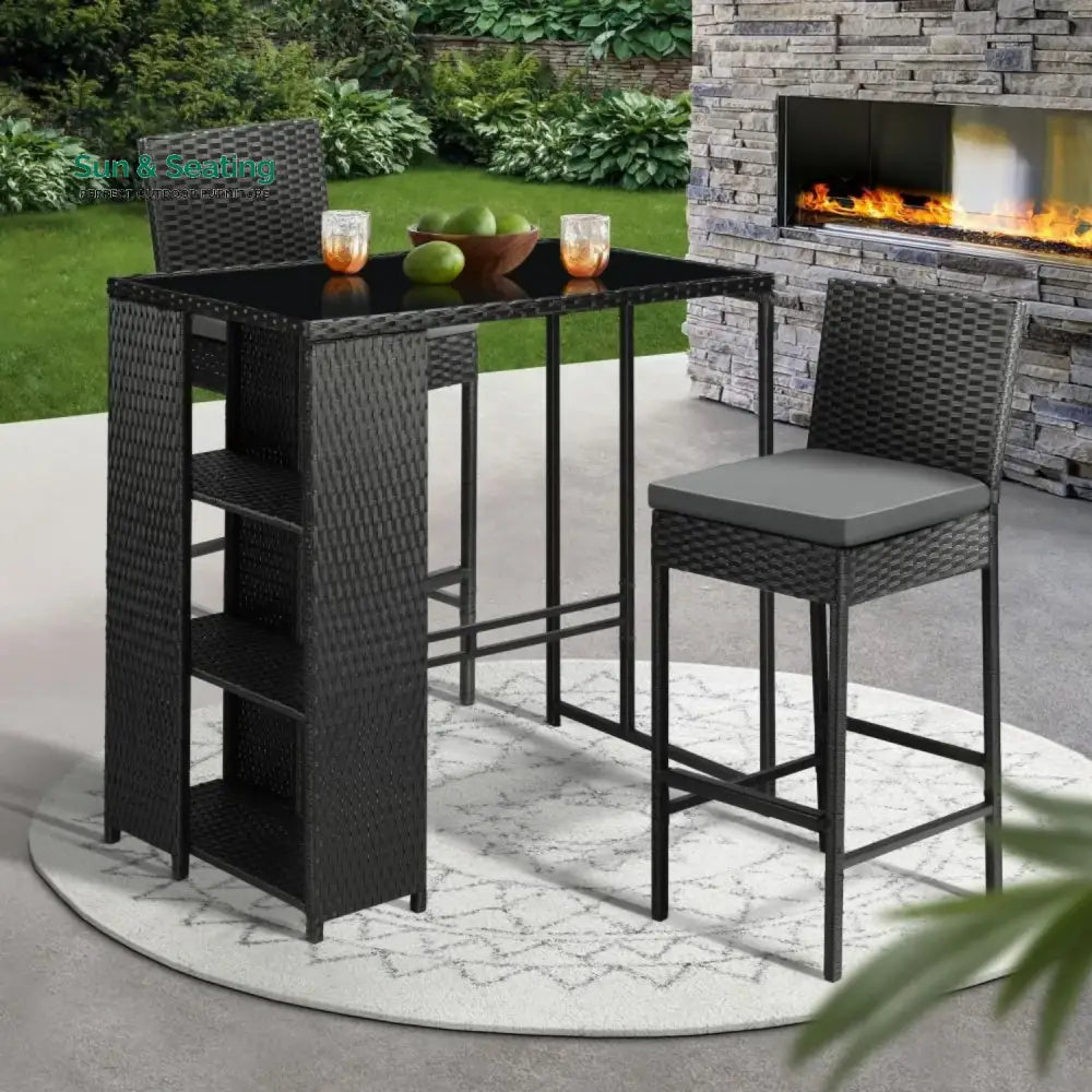Coraline 3-Piece Outdoor Rattan Wicker Bar Set with Glass Top Table Bar Set