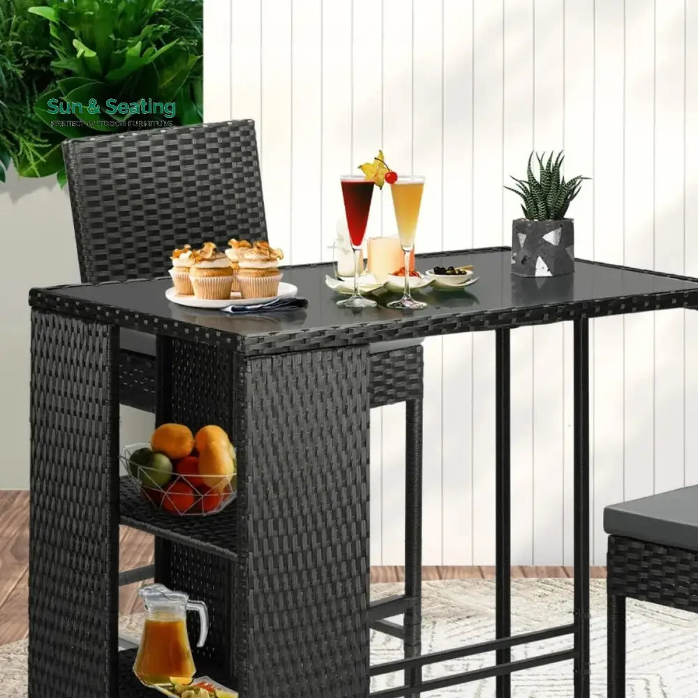 Coraline 3-Piece Outdoor Rattan Wicker Bar Set with Glass Top Table Bar Set