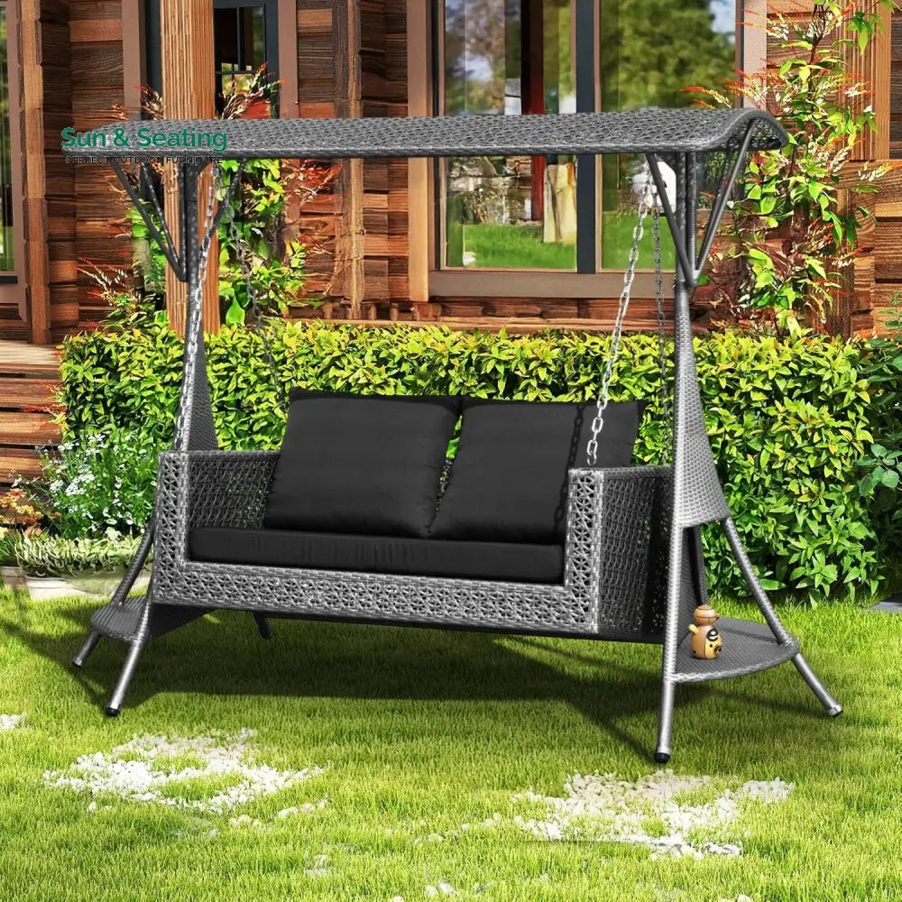 Cornelia Outdoor Rattan Wicker 2-Seat Patio Swing Chair with Shade &amp; Cushions Swing
