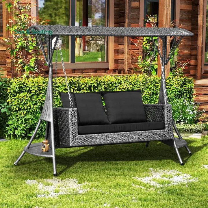 Cornelia Outdoor Rattan Wicker 2-Seat Patio Swing Chair with Shade &amp; Cushions Swing