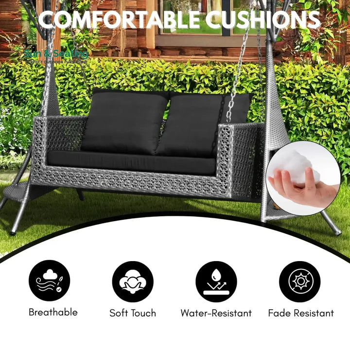 Cornelia Outdoor Rattan Wicker 2-Seat Patio Swing Chair with Shade &amp; Cushions Swing