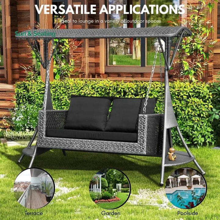 Cornelia Outdoor Rattan Wicker 2-Seat Patio Swing Chair with Shade &amp; Cushions Swing