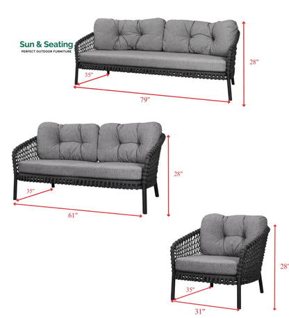 Costa Outdoor Garden Balcony Sofa Set 3 Seater 2 Seater 1 Single Seater 1 Side Table and 1 Center Table Set (Grey) Sofa