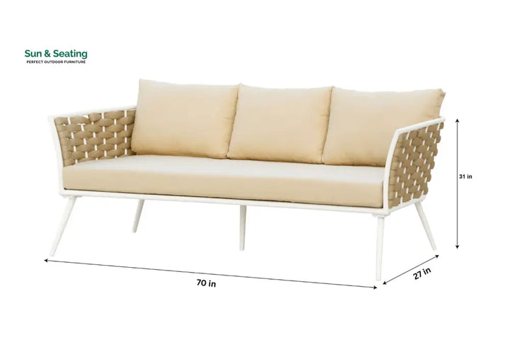 Crasio Outdoor Garden Balcony Sofa Set 3 Seater 2 Single seater and 1 Center Table Set Braid &amp; Rope (White + Tan) Sofa