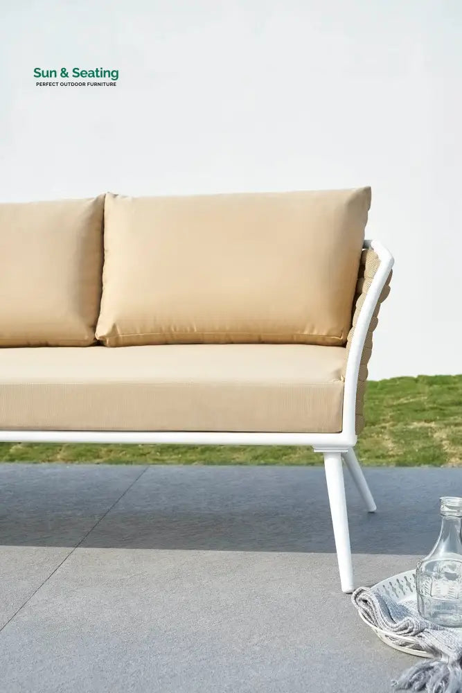 Crasio Outdoor Garden Balcony Sofa Set 3 Seater 2 Single seater and 1 Center Table Set Braid &amp; Rope (White + Tan) Sofa