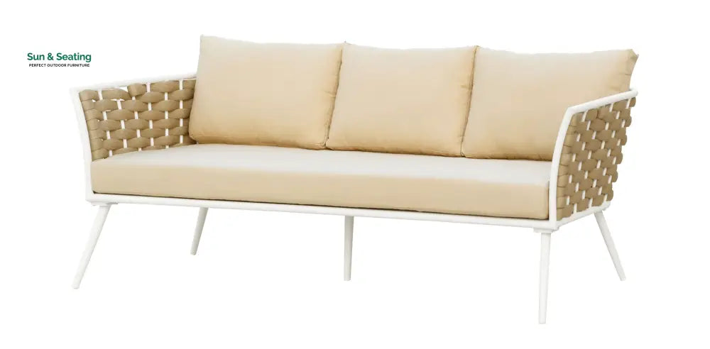 Crasio Outdoor Garden Balcony Sofa Set 3 Seater 2 Single seater and 1 Center Table Set Braid & Rope (White + Tan) Sofa