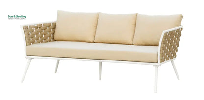 Crasio Outdoor Garden Balcony Sofa Set 3 Seater 2 Single seater and 1 Center Table Set Braid & Rope (White + Tan) Sofa